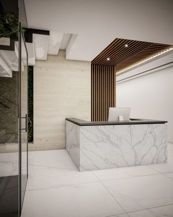 Computer generated image of Hotel Lobby and Entrance Hall. Architectural Visualization. 3D rendering. View 02