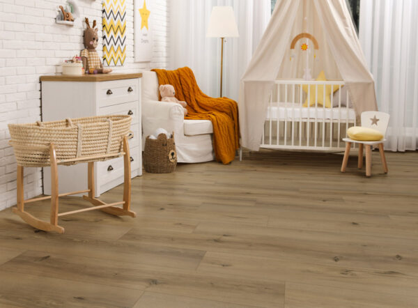 Stylish baby's room with comfortable cot. Interior design