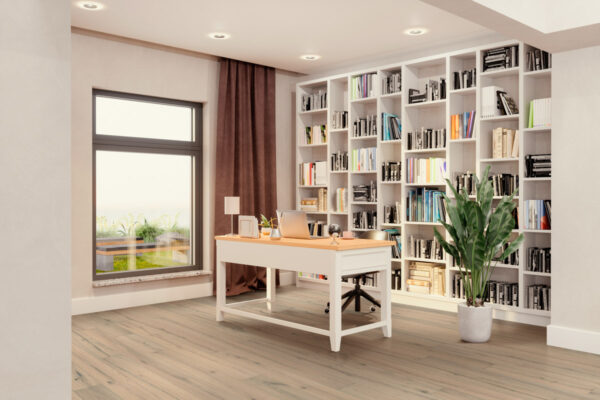 Home Office Interior With Wooden Studying Desk, White Library And Potted Plant.