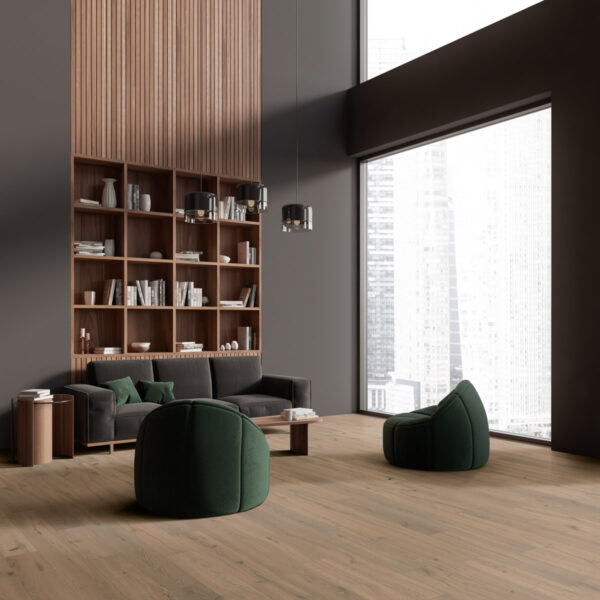 Corner view on dark living room interior with grey wall, armchairs, sofa, coffee table, shelf with books, oak wooden floor. Concept of minimalist design, home library. Place for reading. 3d rendering